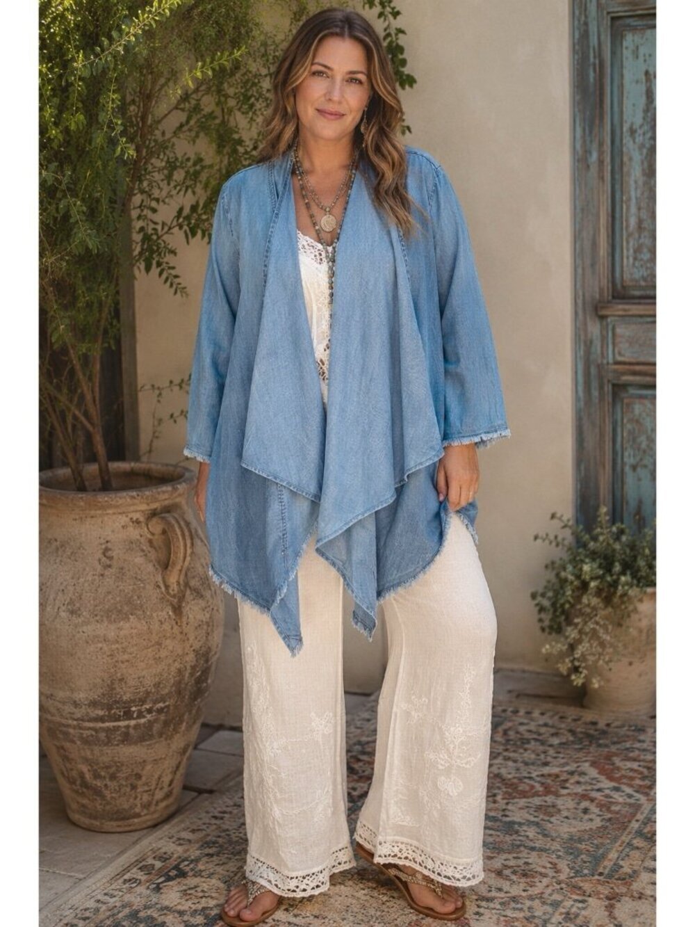 Beau Jours Womens Cardigan Jacket XL Blue Chambray Tencel Raw Hem Boho USA Made
